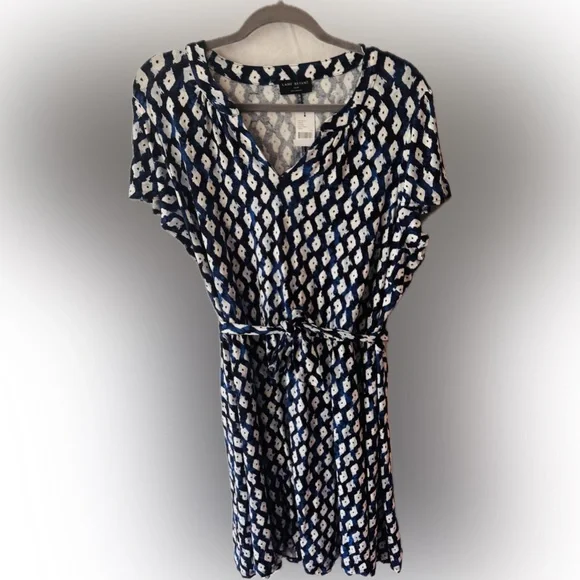 Lane Bryant Blue & White Ikat Dress - Belted - Flutter Sleeves - Plus Size 22/24 - Picture 2 of 9